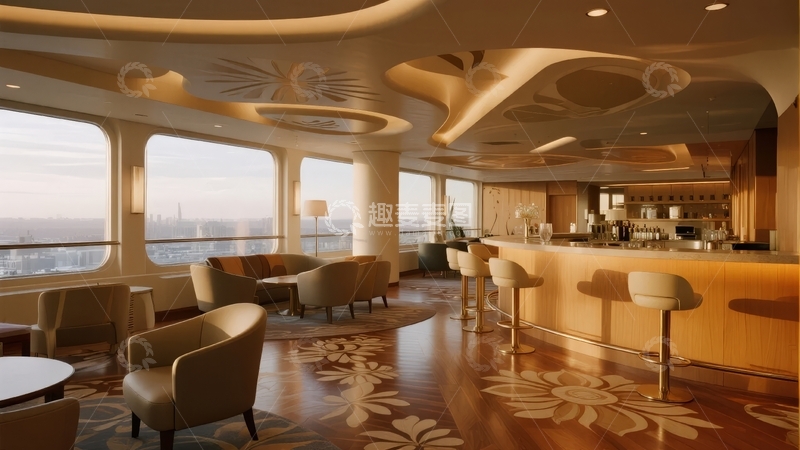 高清大图下载【趣麦麦图】豪华室内空间设有吧台和落地窗景观
