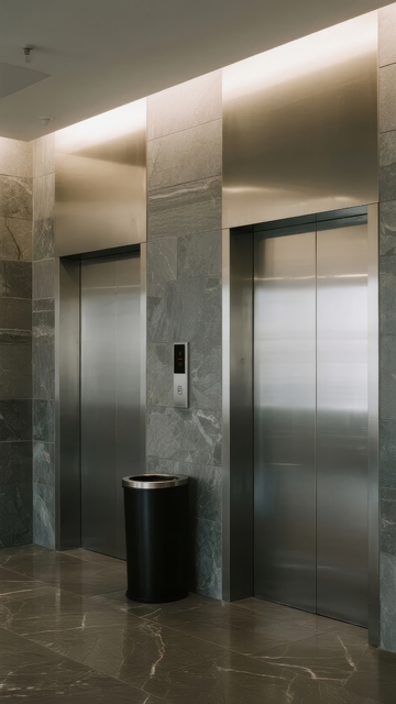 现代建筑电梯厅金属门与石材墙面设计