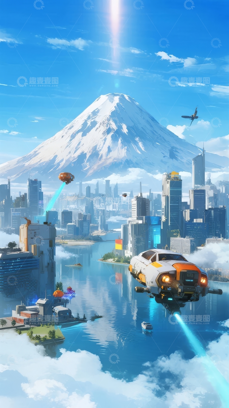 高清大图下载【趣麦麦图】未来城市与雪山背景下的飞行器与车辆