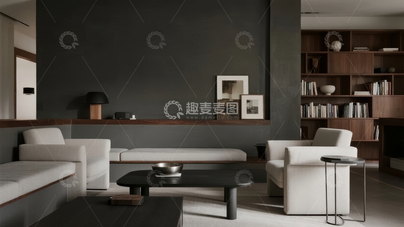 高清大图下载【趣麦麦图】现代简约风格客厅设计以深色墙面和白色家具为主