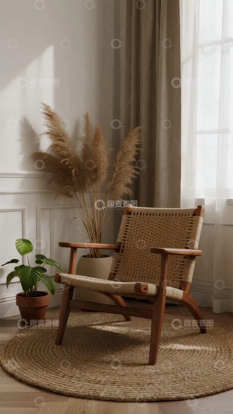 高清大图下载【趣麦麦图】简约风格室内一角摆放着编织椅和装饰植物
