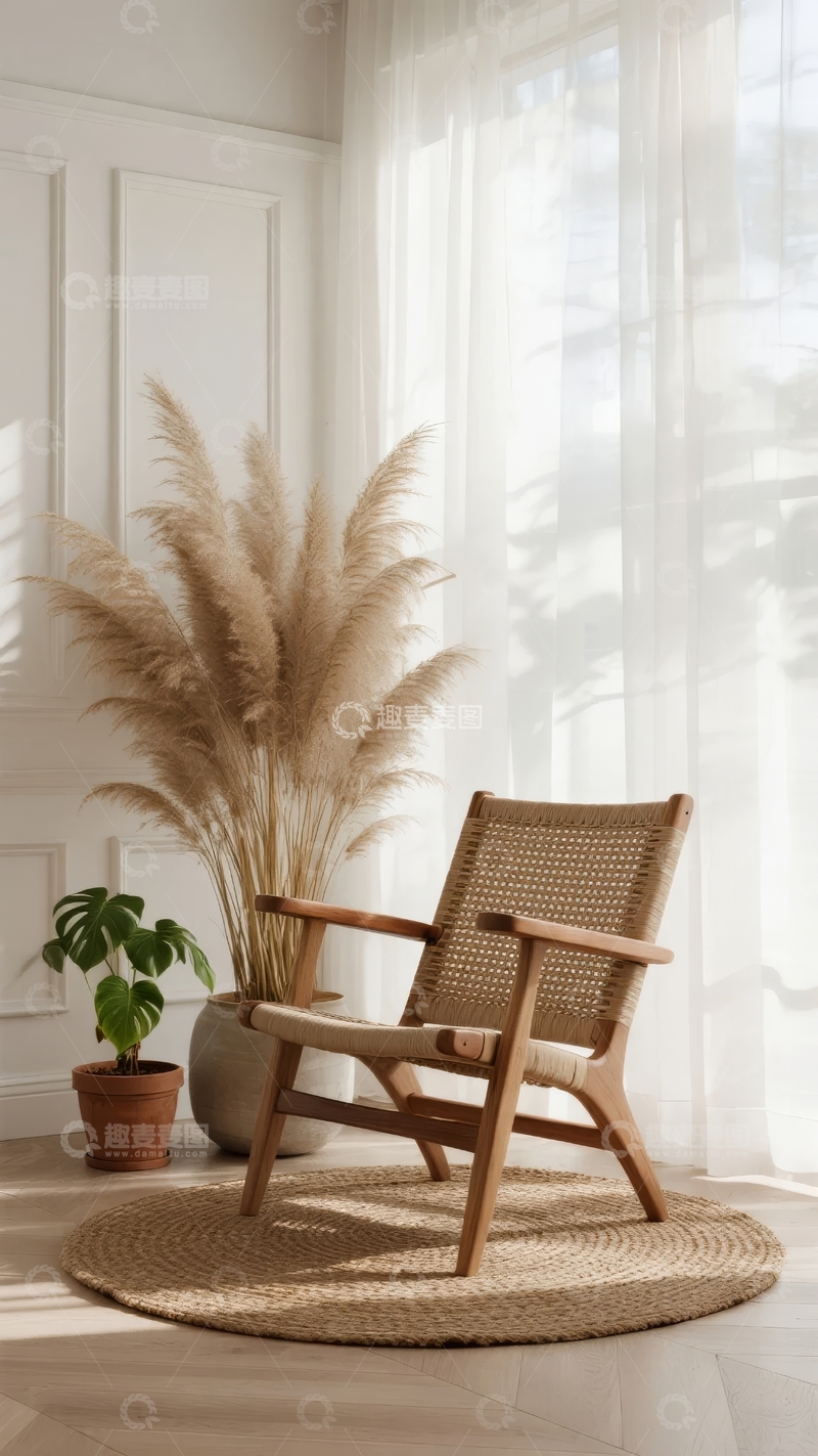 高清大图下载【趣麦麦图】室内一角摆放着编织椅和高大装饰植物