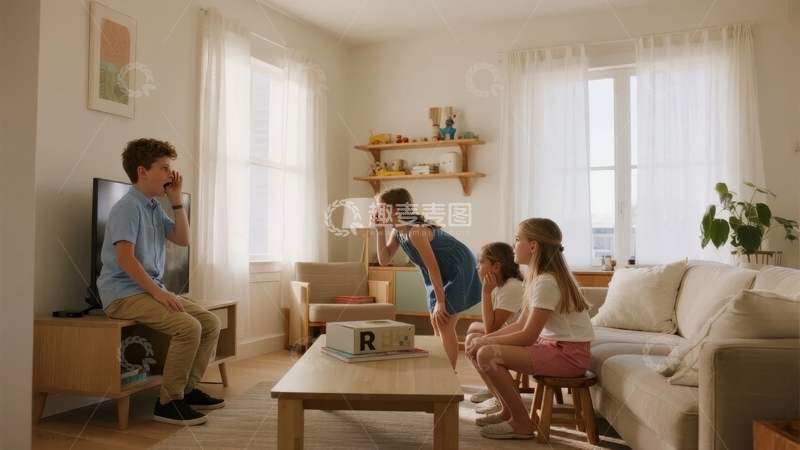 高清大图下载【趣麦麦图】四名青少年在明亮客厅里互动交谈