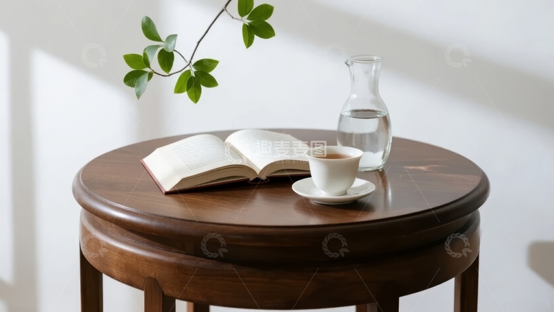 高清大图下载【趣麦麦图】木质圆桌上摆放着打开的书和一杯茶
