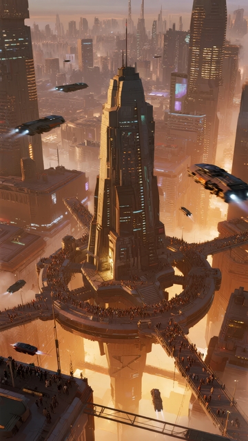 未来都市夜景飞行器穿梭于高楼大厦间