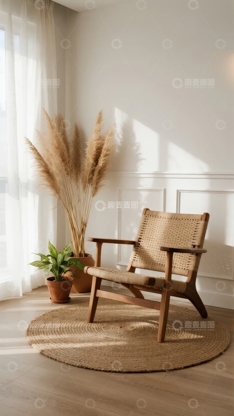 高清大图下载【趣麦麦图】室内一角摆放着编织椅和高大植物