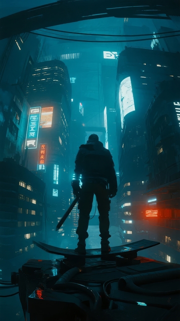 未来都市夜景中站立的神秘人物