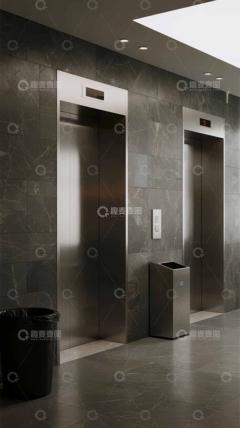 高清大图下载【趣麦麦图】现代建筑内部两部电梯及石材墙面设计