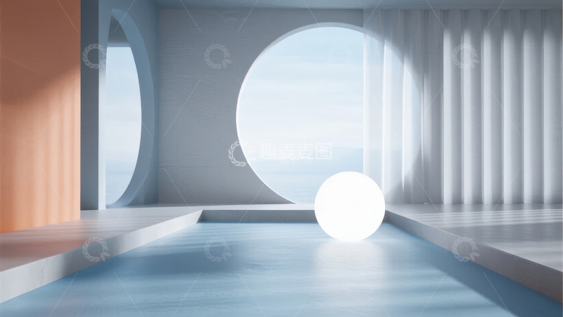 高清大图下载【趣麦麦图】现代简约室内空间透过圆形窗户望向明亮天空