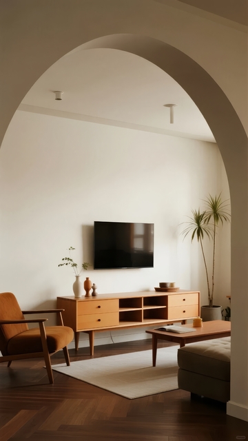 拱形门廊下的简约客厅电视柜与绿植装饰