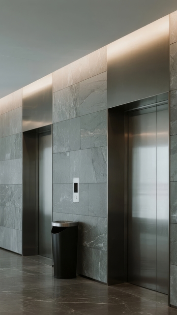 现代建筑电梯厅墙面采用石材与金属材质设计