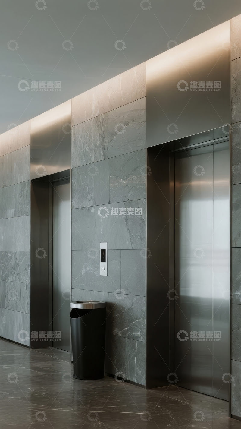高清大图下载【趣麦麦图】现代建筑电梯厅墙面采用石材与金属材质设计