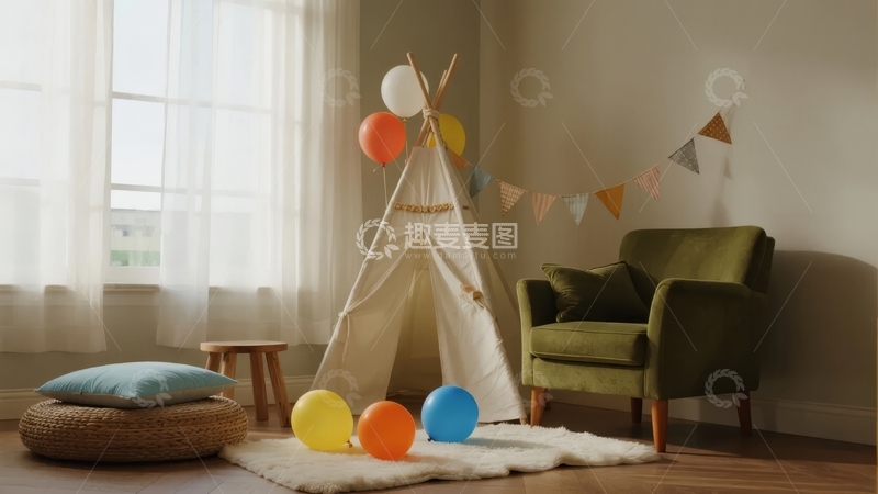 高清大图下载【趣麦麦图】温馨室内一角摆放着帐篷和沙发
