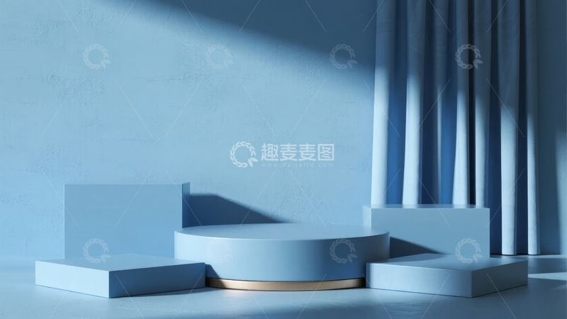 高清大图下载【趣麦麦图】蓝色调简约现代展示台与光影窗帘背景