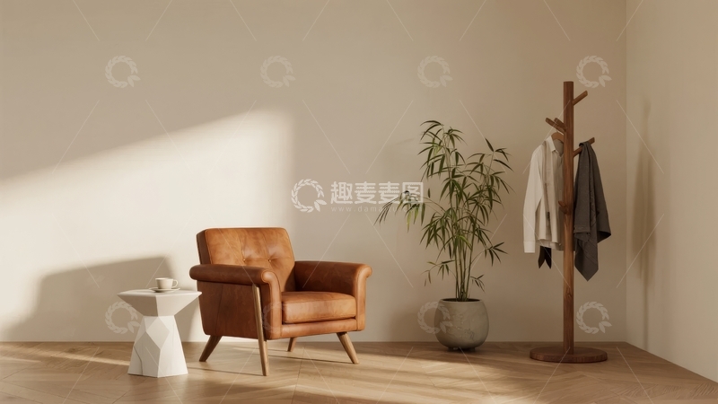 高清大图下载【趣麦麦图】简约室内一角阳光洒在棕色扶手椅与绿植旁