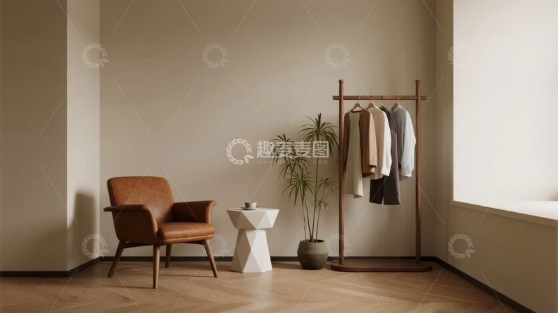 高清大图下载【趣麦麦图】简约室内一角摆放着皮质扶手椅和衣架