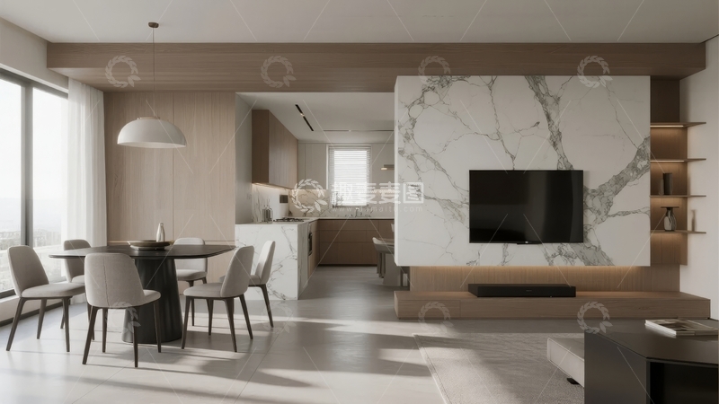 高清大图下载【趣麦麦图】现代简约风格客厅与厨房开放式设计