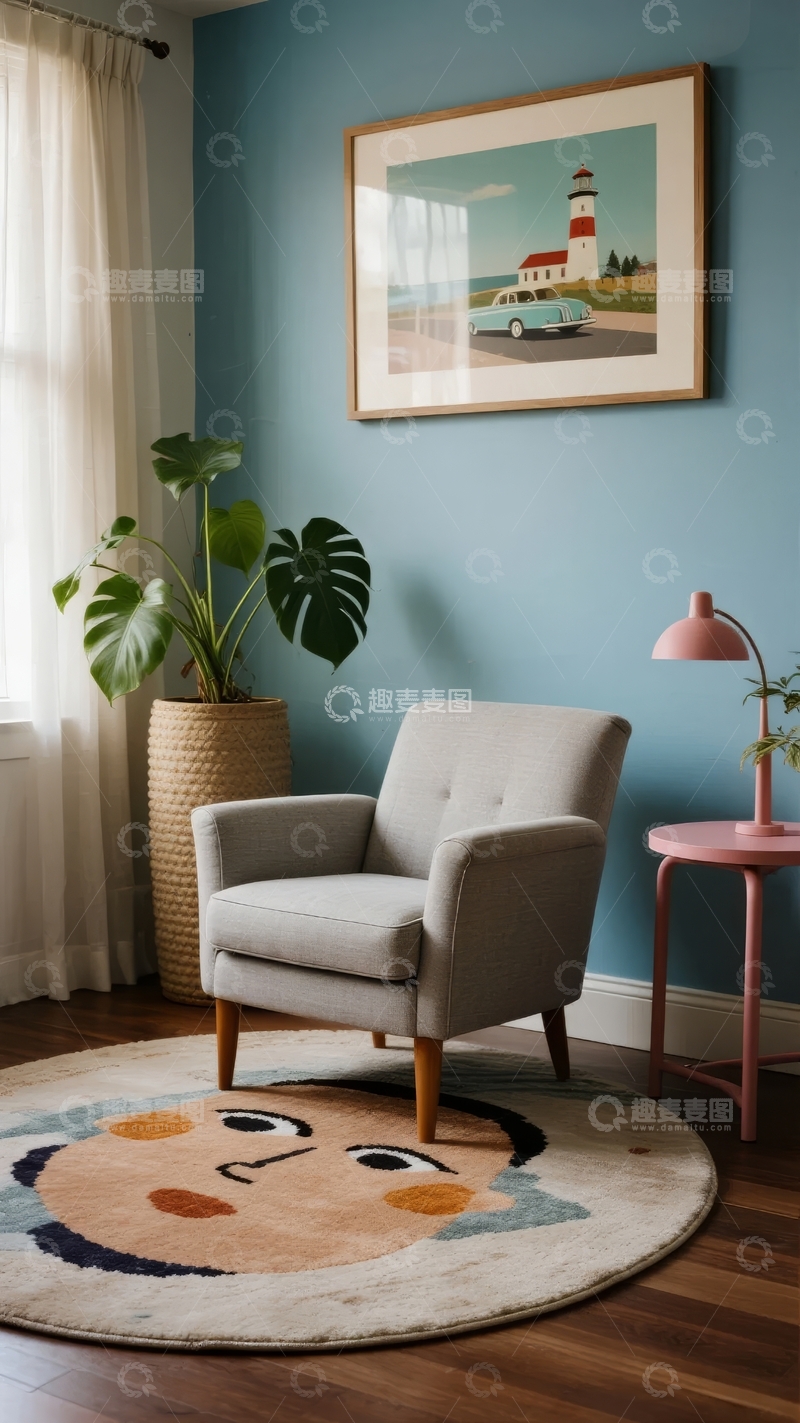 高清大图下载【趣麦麦图】蓝色墙面的温馨室内角落摆放着灰色扶手椅和装饰画