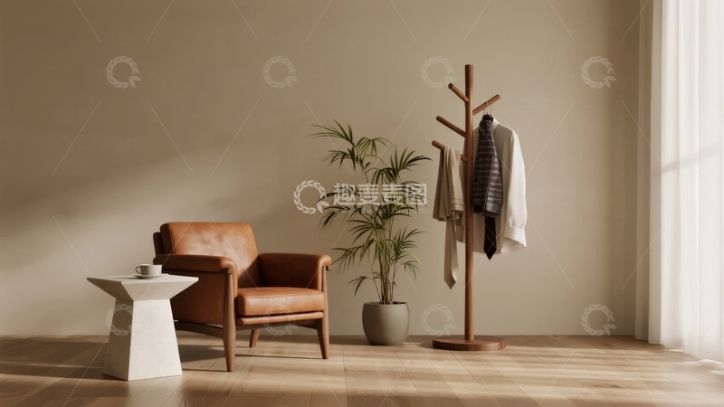 高清大图下载【趣麦麦图】简约风格客厅一角摆放着棕色扶手椅和衣帽架