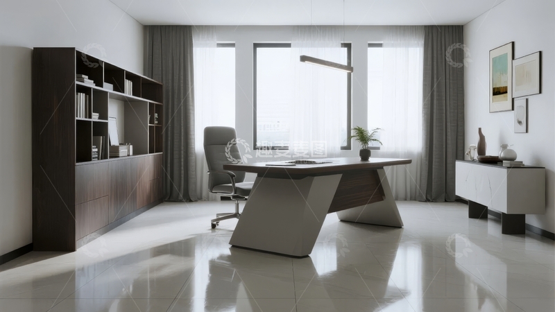 高清大图下载【趣麦麦图】现代简约风格办公室内景配备书柜办公桌和舒适座椅