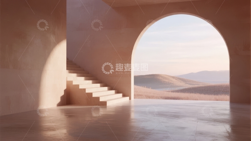 高清大图下载【趣麦麦图】拱门下的阶梯通向远方山脉的宁静景观
