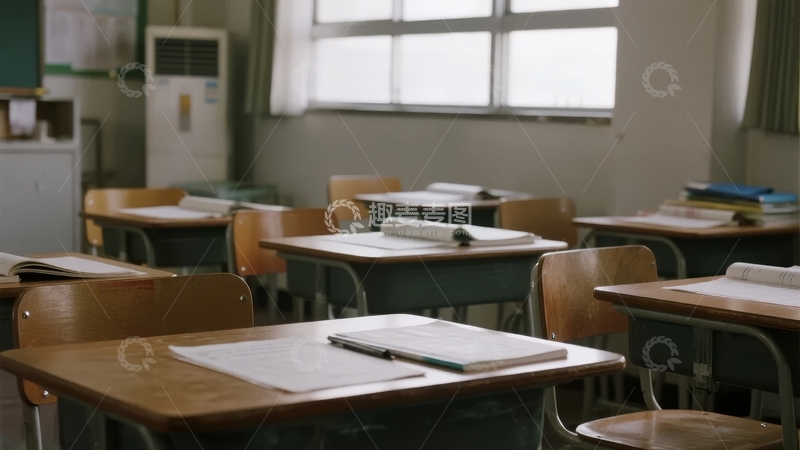 高清大图下载【趣麦麦图】空教室内的课桌椅和学习用品