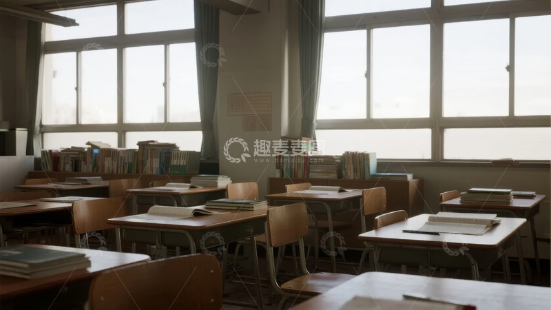 高清大图下载【趣麦麦图】空教室内的桌椅排列与明亮窗户景象