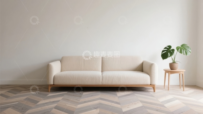 高清大图下载【趣麦麦图】简约风格客厅内摆放着米色沙发和绿植