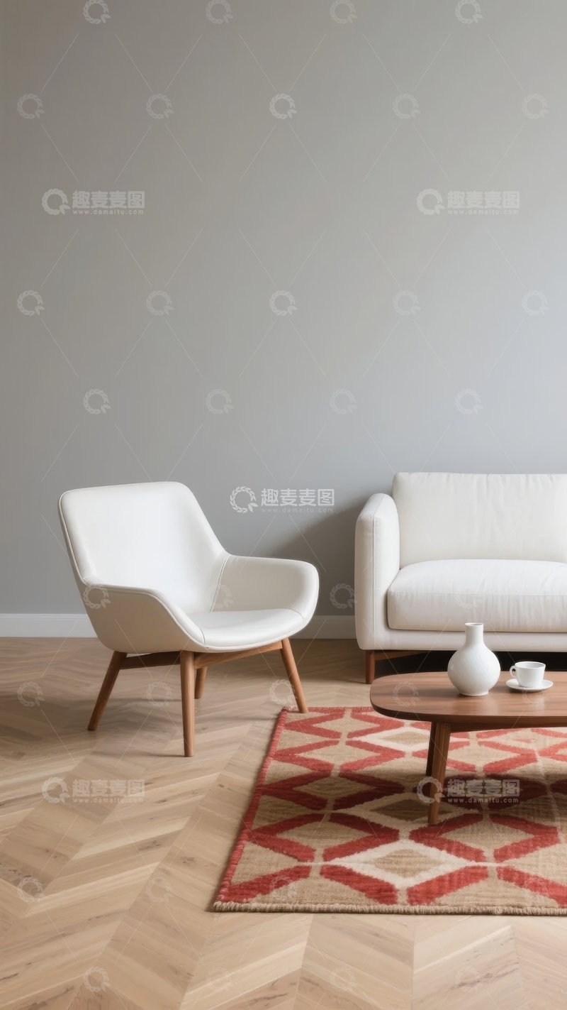高清大图下载【趣麦麦图】简约现代客厅一角白色沙发与单人椅搭配几何地毯