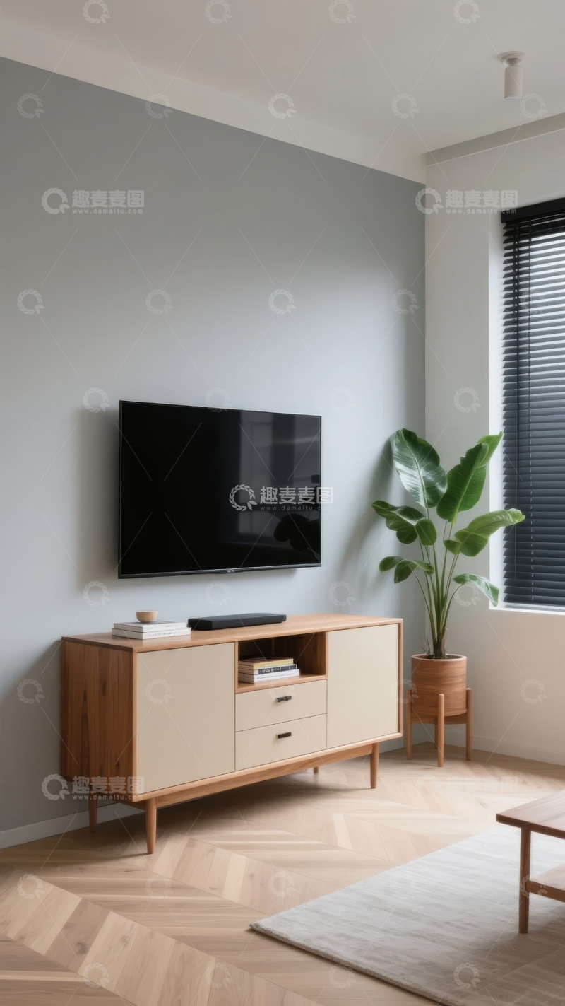 高清大图下载【趣麦麦图】现代简约客厅电视柜与绿植装饰