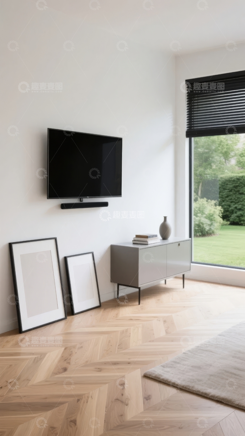高清大图下载【趣麦麦图】现代简约客厅墙面电视与窗边柜组合