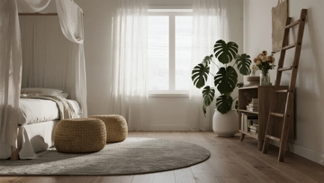 温馨卧室角落布置有床幔地毯和绿植