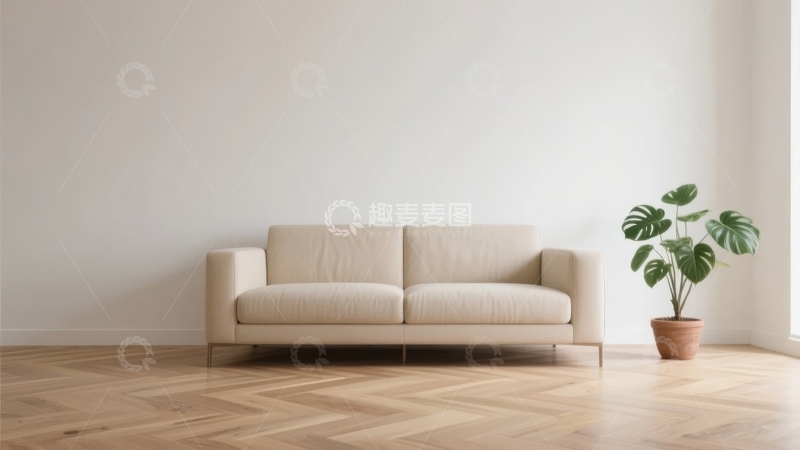 高清大图下载【趣麦麦图】简约风格客厅内摆放着米色沙发和绿植