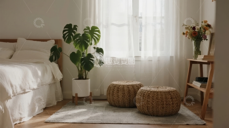 高清大图下载【趣麦麦图】温馨卧室一角摆放着绿植和编织坐垫