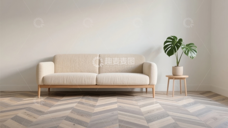 高清大图下载【趣麦麦图】简约风格客厅内摆放着米色沙发和绿植