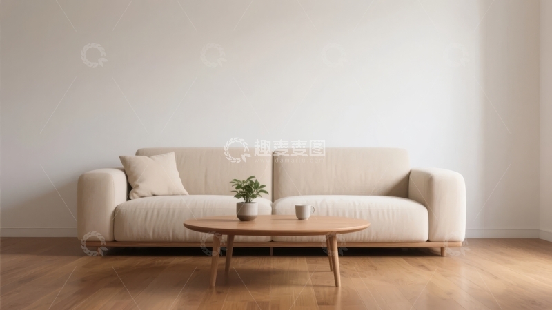 高清大图下载【趣麦麦图】简约风格客厅内米色沙发与木质茶几的静谧场景