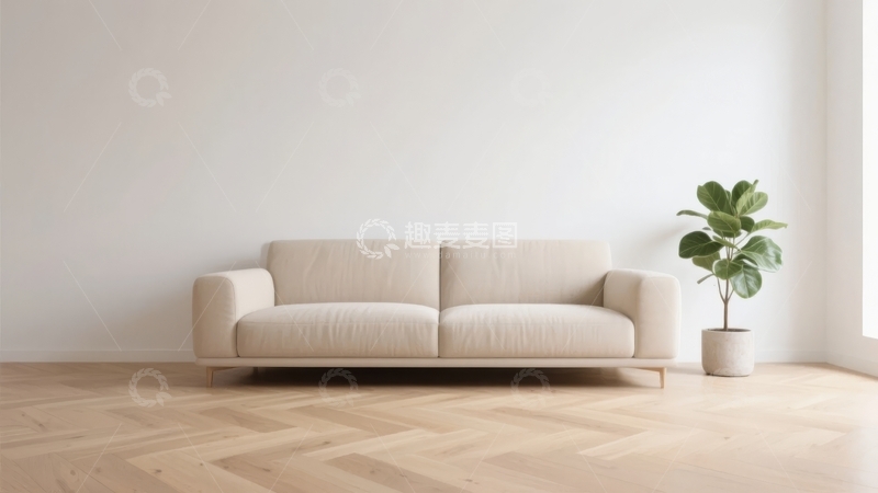 高清大图下载【趣麦麦图】简约风格客厅内摆放着米色沙发和绿植