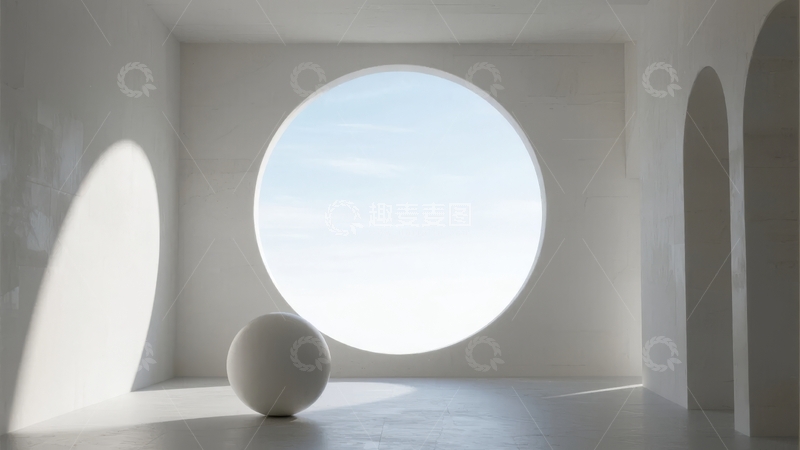高清大图下载【趣麦麦图】圆形窗户下的简约室内空间光影效果