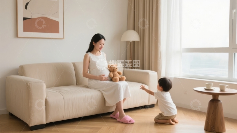 高清大图下载【趣麦麦图】孕妇与幼儿在温馨客厅互动拥抱毛绒玩具