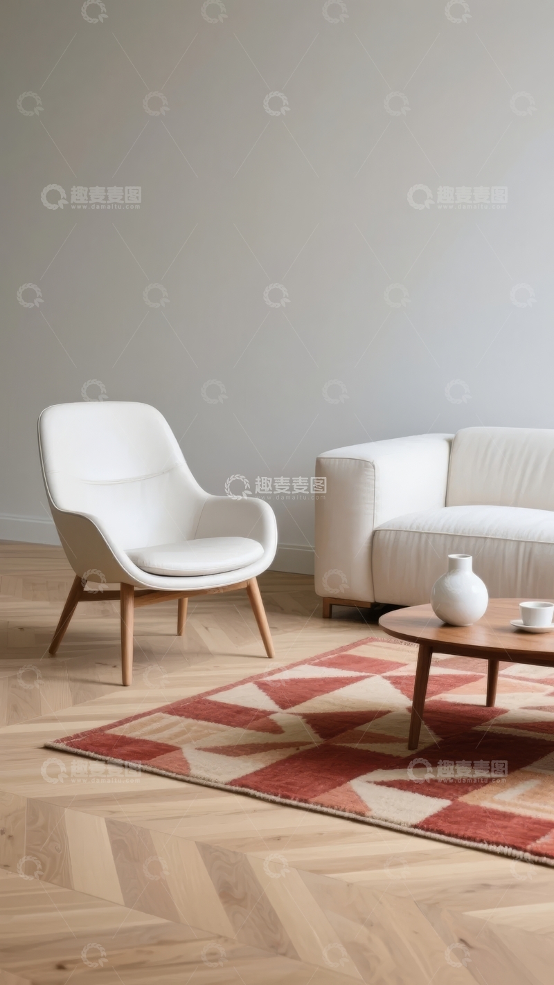 高清大图下载【趣麦麦图】简约现代风格客厅一角摆放着白色扶手椅和地毯