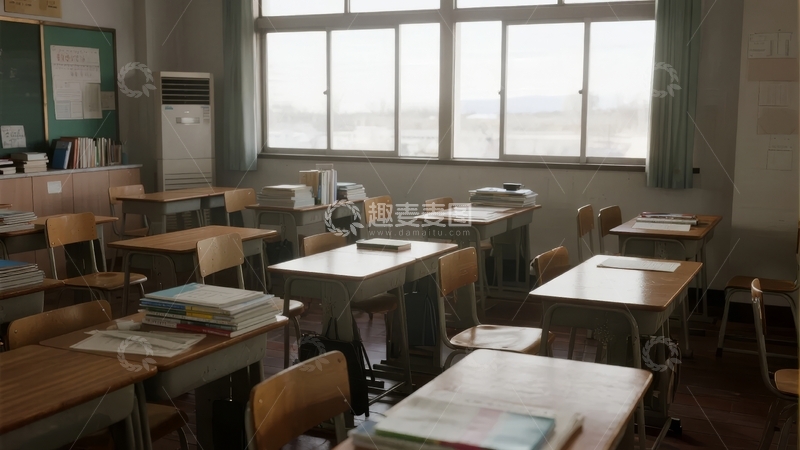 高清大图下载【趣麦麦图】空无一人的教室里课桌椅整齐排列窗外景色明亮