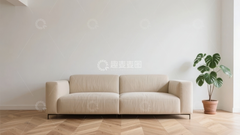 高清大图下载【趣麦麦图】简约风格客厅中的米色沙发与绿植装饰