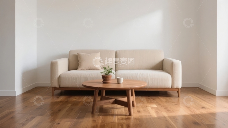 高清大图下载【趣麦麦图】简约风格客厅内摆放着米色沙发和木质茶几