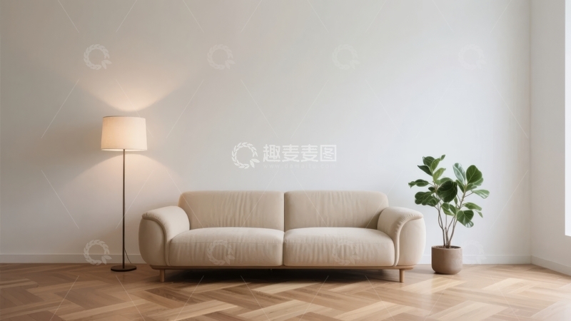 高清大图下载【趣麦麦图】简约风格客厅内摆放着米色沙发和绿植