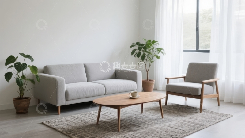 高清大图下载【趣麦麦图】现代简约客厅布置沙发茶几与绿植点缀
