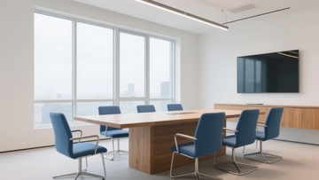 现代简约风格会议室配备长桌和蓝色座椅