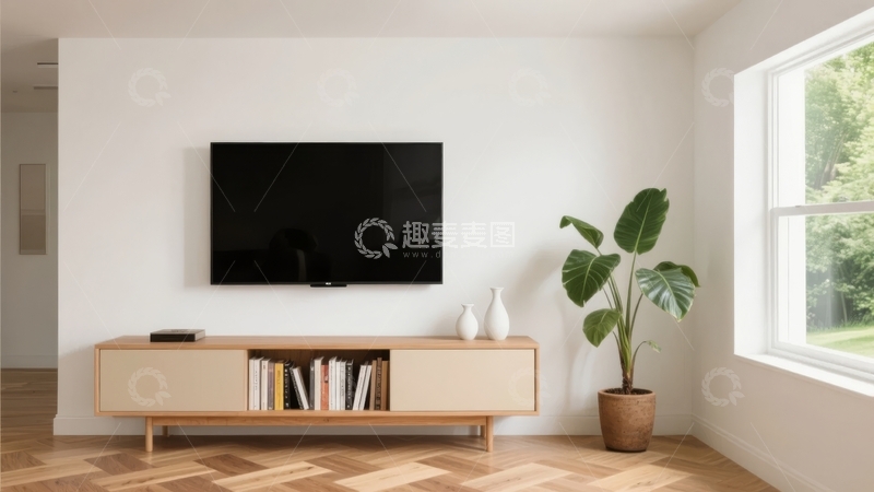 高清大图下载【趣麦麦图】现代简约风格客厅电视墙与绿植装饰
