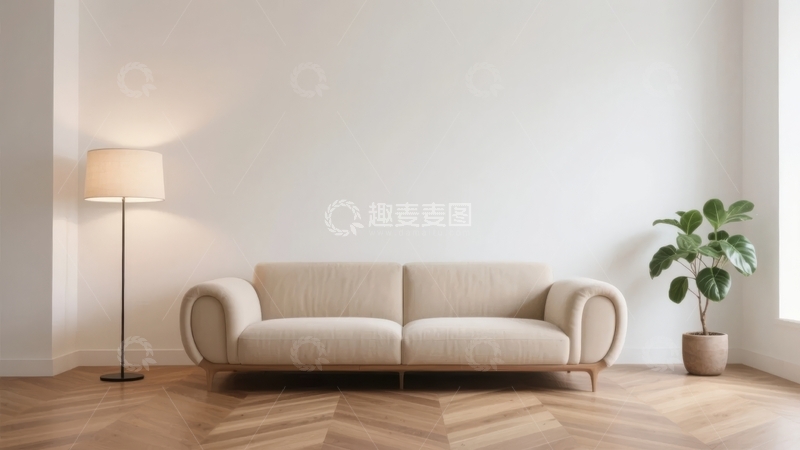 高清大图下载【趣麦麦图】简约现代客厅沙发落地灯与绿植装饰