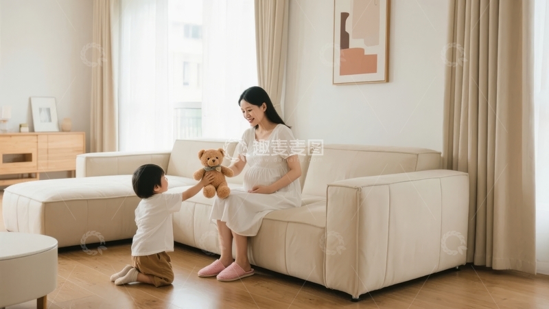 高清大图下载【趣麦麦图】孕妇与幼儿在客厅温馨互动送玩偶