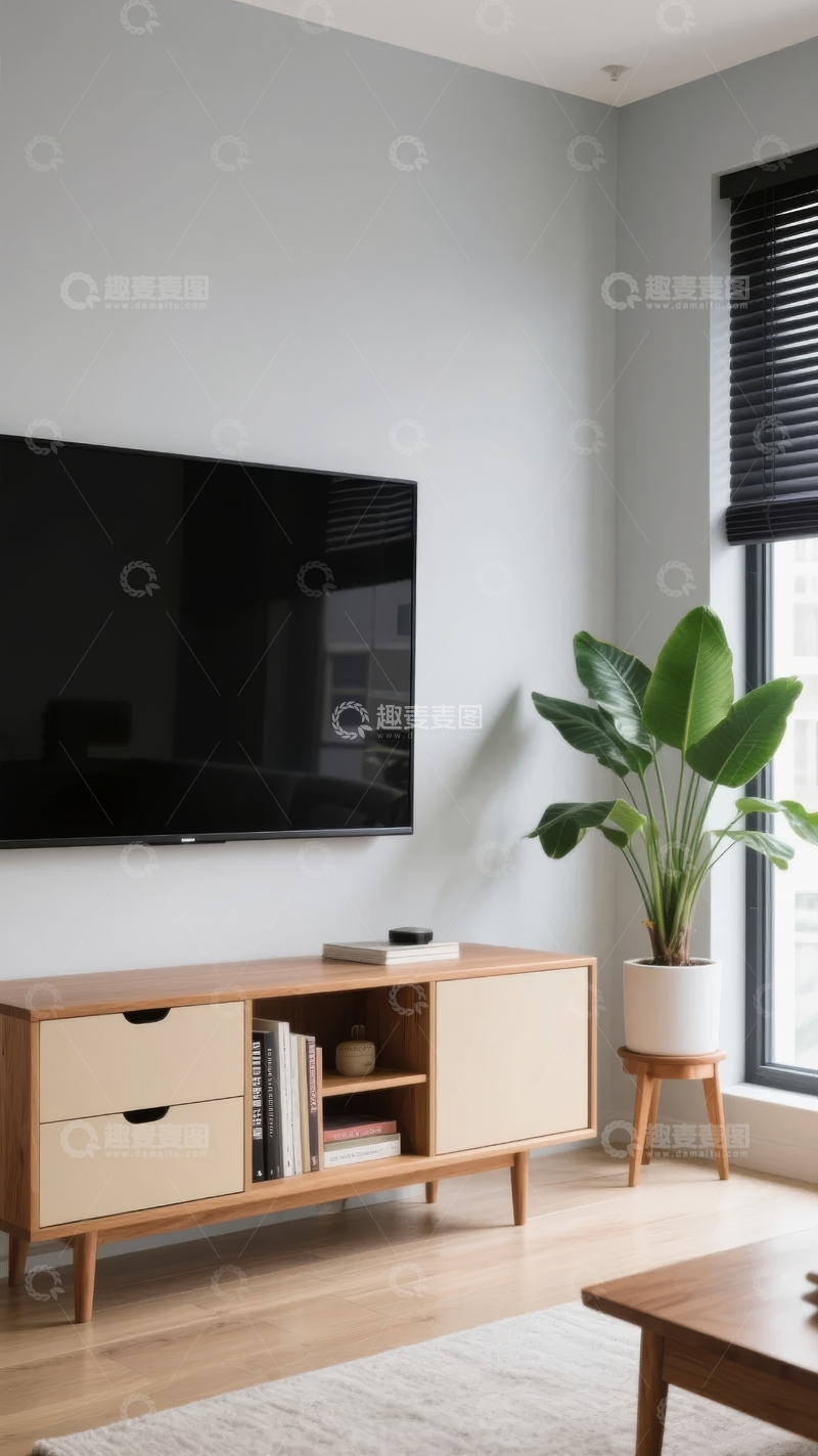 高清大图下载【趣麦麦图】现代简约客厅电视柜与绿植装饰